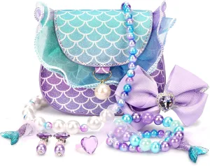 mibasies Toddler Purse for Little Girls Gifts for 3-8 Years Old with Dress Up Jewelry Pretend Play Accessories,Mermaid Girl Toys 4-5