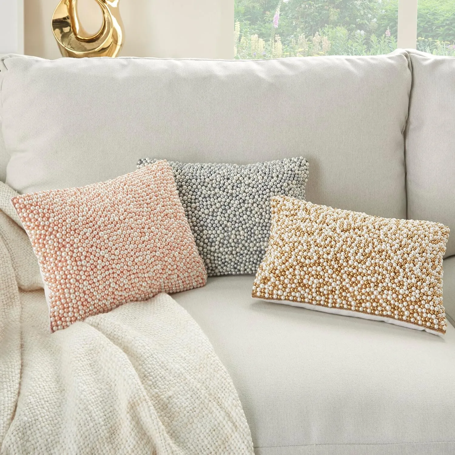 Mina Victory Luminescence Fully Beaded Pearls Blush 10" X 14" Throw Pillow