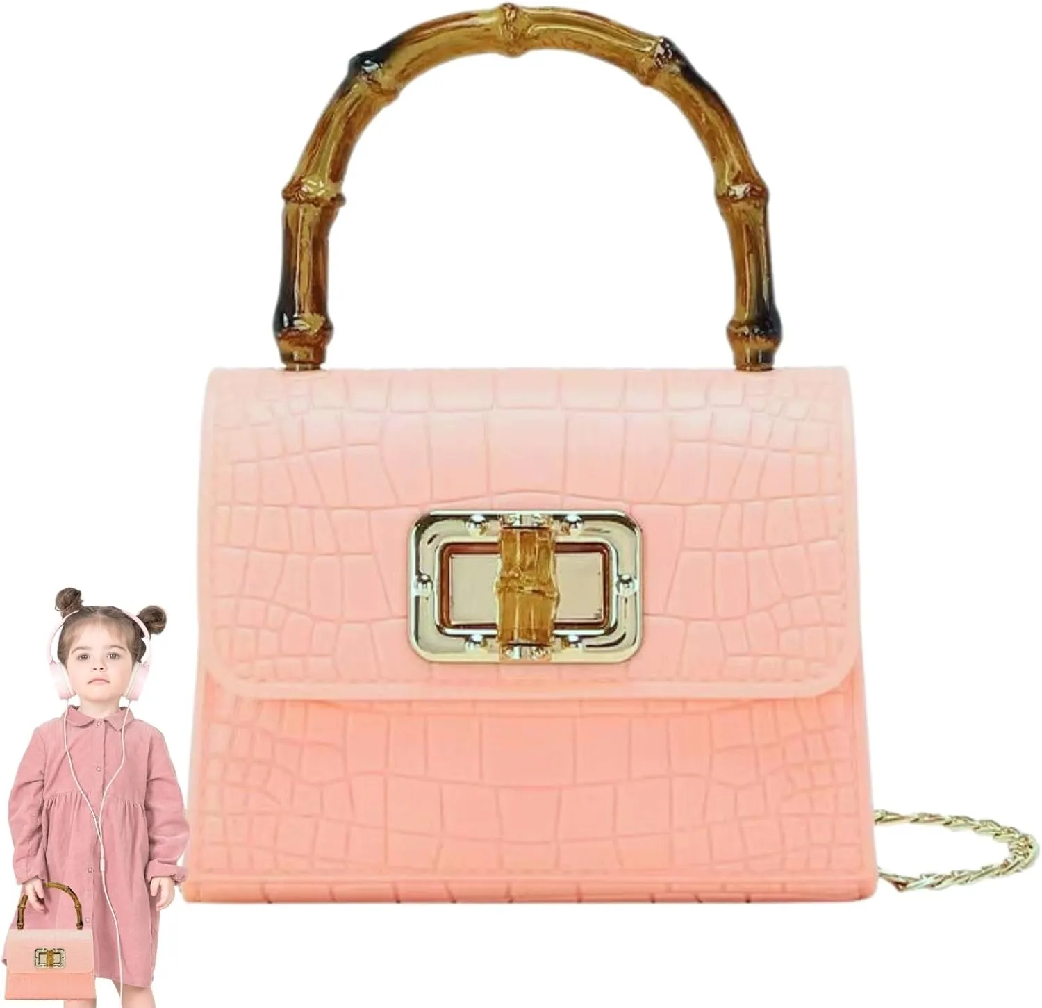 Mini Bamboo Handle Kids Purse: Crocodile Leather Pattern Toddler Handbag, Multiple Colour, with Sunglasses Option