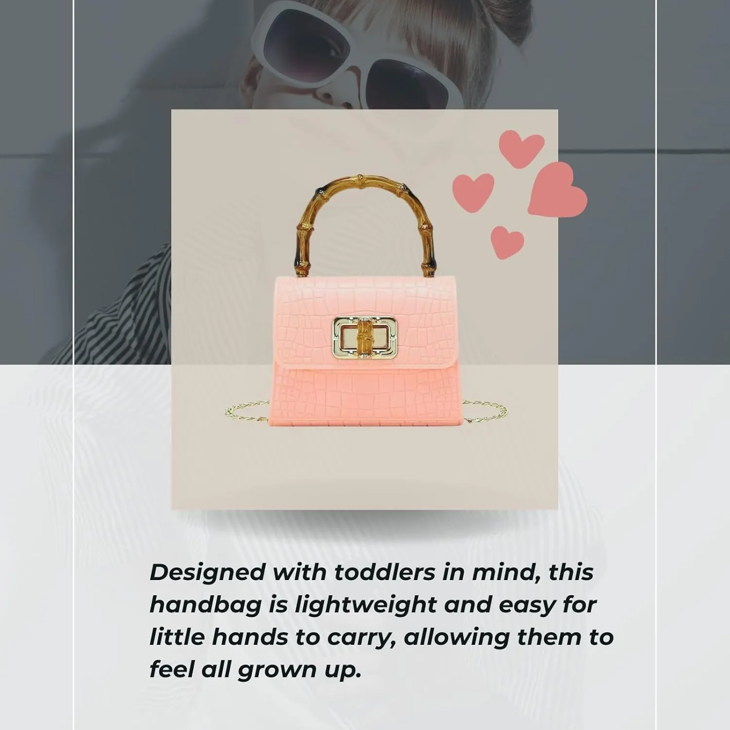 Mini Bamboo Handle Kids Purse: Crocodile Leather Pattern Toddler Handbag, Multiple Colour, with Sunglasses Option