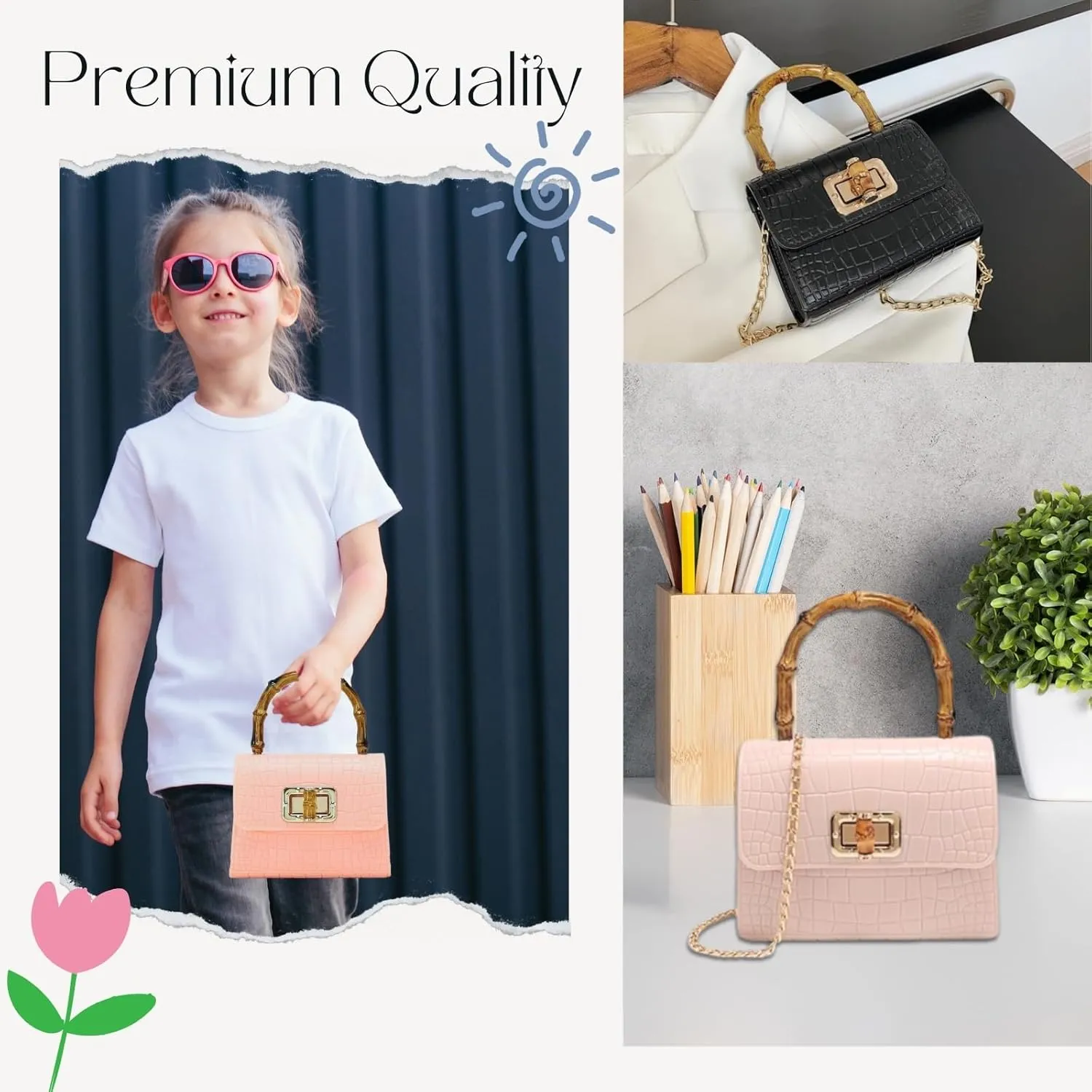 Mini Bamboo Handle Kids Purse: Crocodile Leather Pattern Toddler Handbag, Multiple Colour, with Sunglasses Option