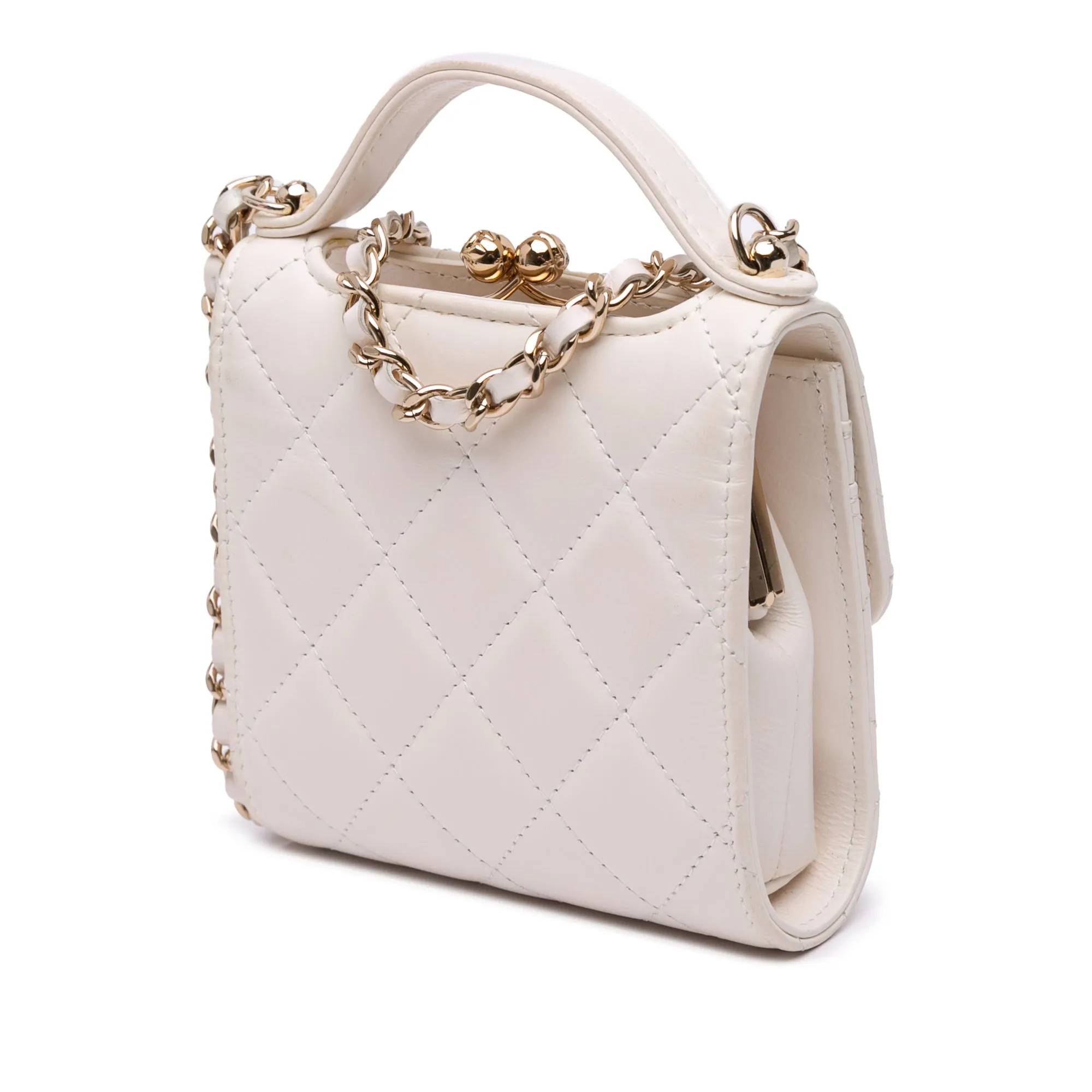 Mini CC Quilted Lambskin Kiss Lock Frame Top Handle Clutch with Chain