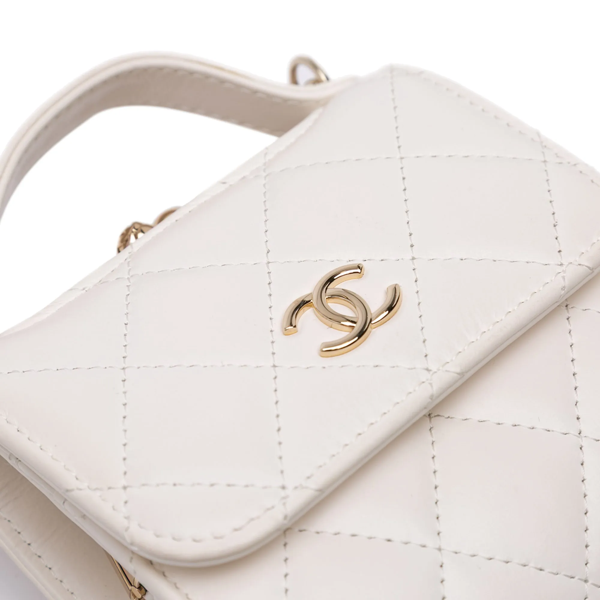 Mini CC Quilted Lambskin Kiss Lock Frame Top Handle Clutch with Chain