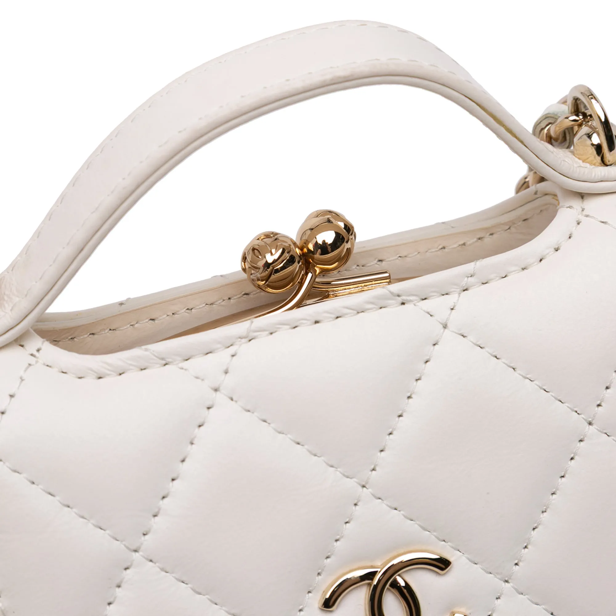 Mini CC Quilted Lambskin Kiss Lock Frame Top Handle Clutch with Chain