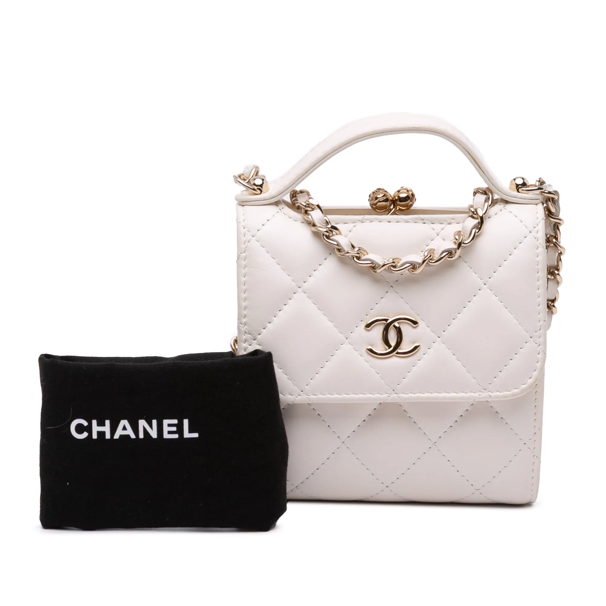 Mini CC Quilted Lambskin Kiss Lock Frame Top Handle Clutch with Chain