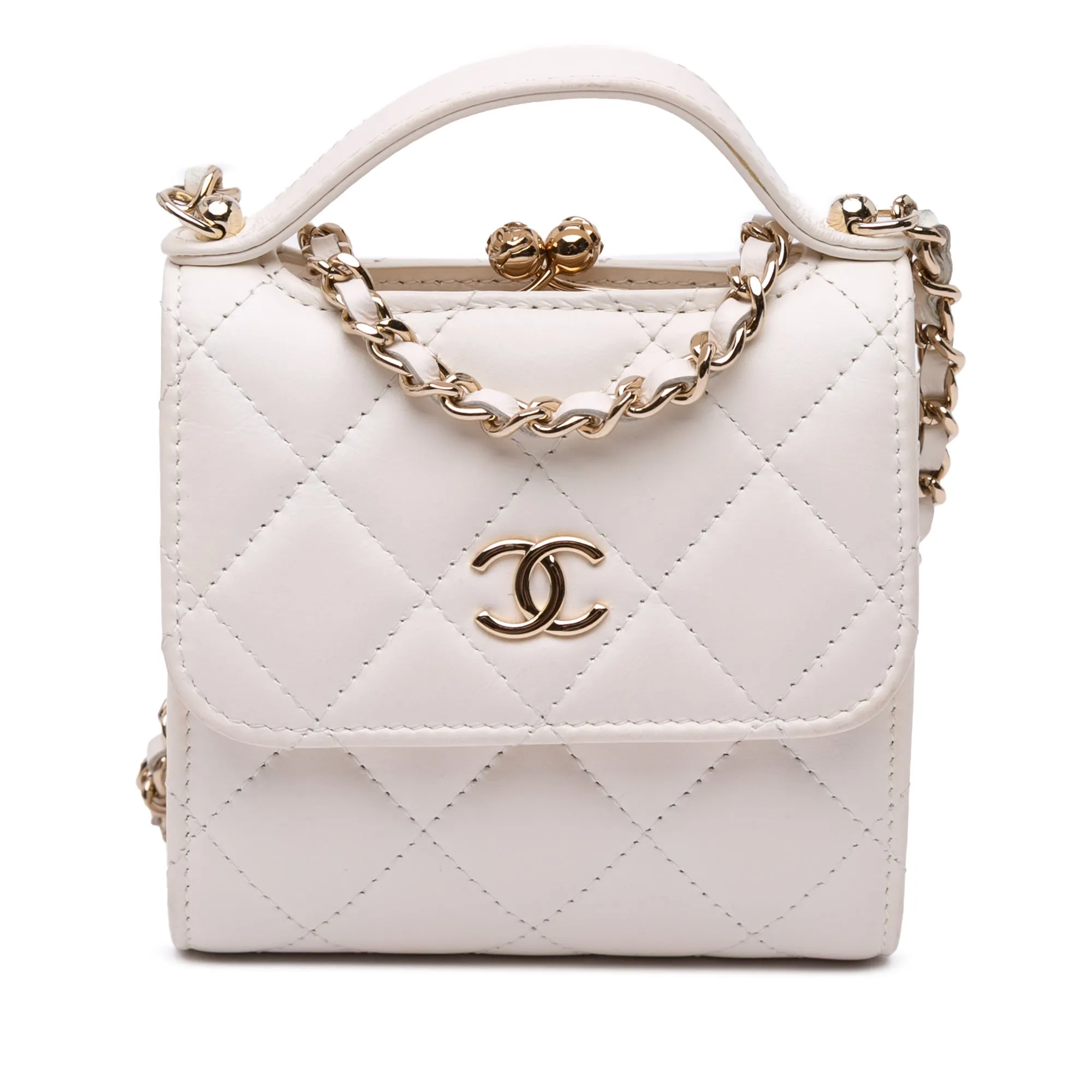 Mini CC Quilted Lambskin Kiss Lock Frame Top Handle Clutch with Chain