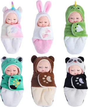 Mini PVC Baby Dolls, Animal Theme Sleeping Bags Clothes Baby Dolls with Movable Extremities, Educational Baby Toys Birthday Gift for Kids Girls