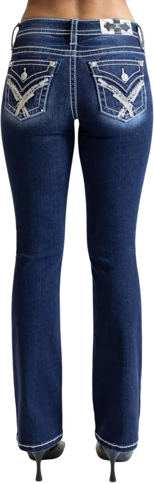 Miss Me Women's CRIS Cross Beaded Faux Flap Pockets Mid-Rise Bootcut Jeans