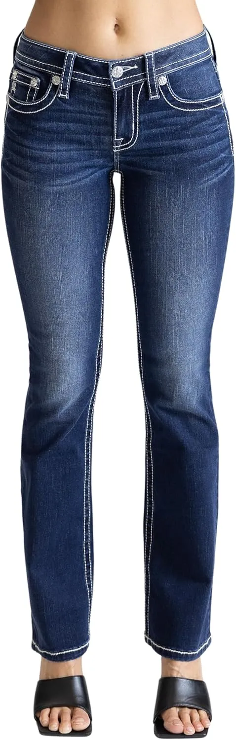 Miss Me Women's CRIS Cross Beaded Faux Flap Pockets Mid-Rise Bootcut Jeans
