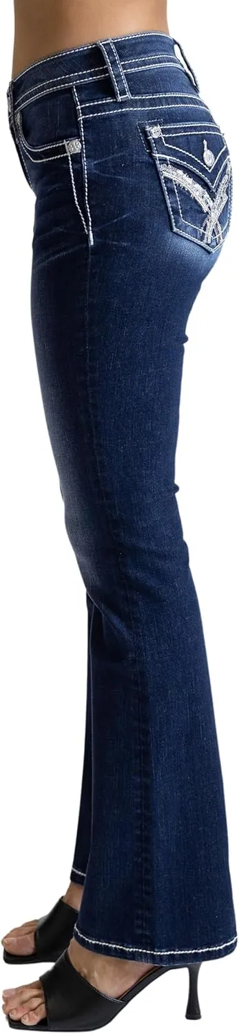Miss Me Women's CRIS Cross Beaded Faux Flap Pockets Mid-Rise Bootcut Jeans