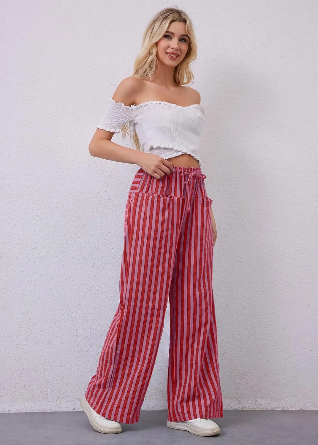 MISSACTIVER Women Drawstring Striped Pants Loose Wide Leg Trousers Casual Low Waist Pants Comfy Lounge Pants with Pockets