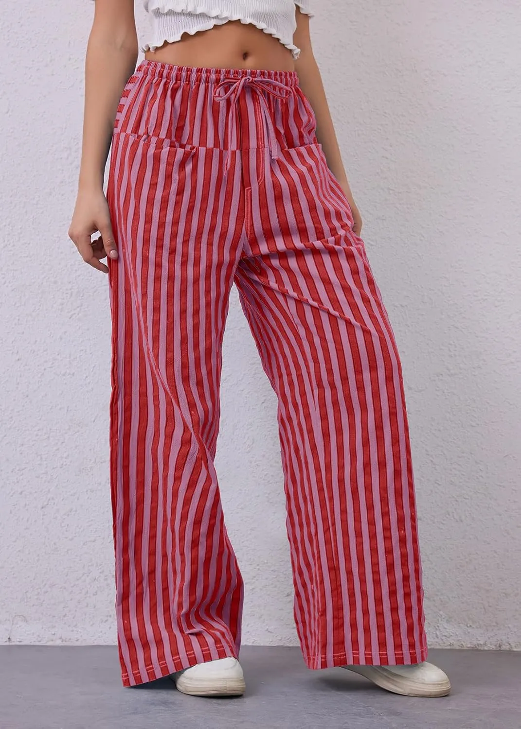 MISSACTIVER Women Drawstring Striped Pants Loose Wide Leg Trousers Casual Low Waist Pants Comfy Lounge Pants with Pockets
