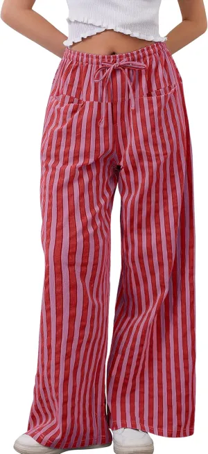MISSACTIVER Women Drawstring Striped Pants Loose Wide Leg Trousers Casual Low Waist Pants Comfy Lounge Pants with Pockets