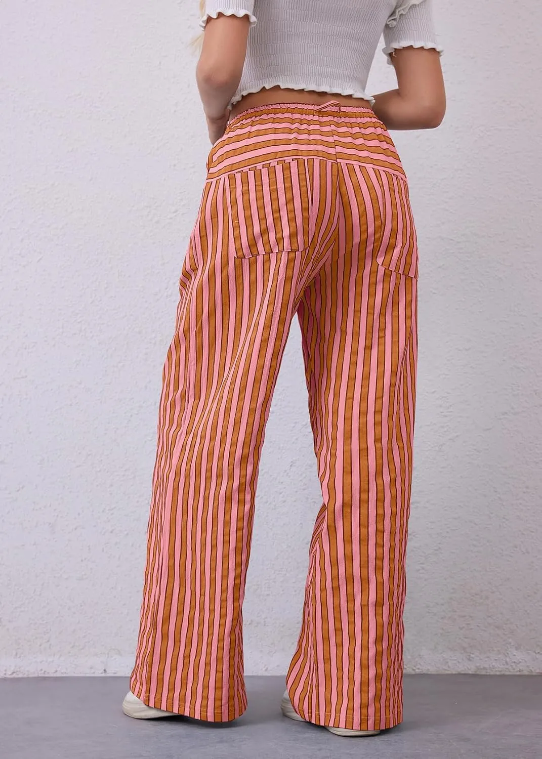 MISSACTIVER Women Drawstring Striped Pants Loose Wide Leg Trousers Casual Low Waist Pants Comfy Lounge Pants with Pockets