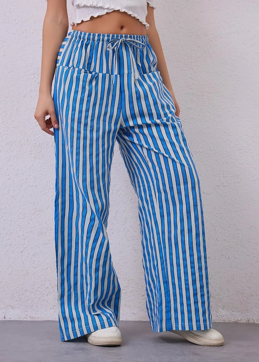 MISSACTIVER Women Drawstring Striped Pants Loose Wide Leg Trousers Casual Low Waist Pants Comfy Lounge Pants with Pockets