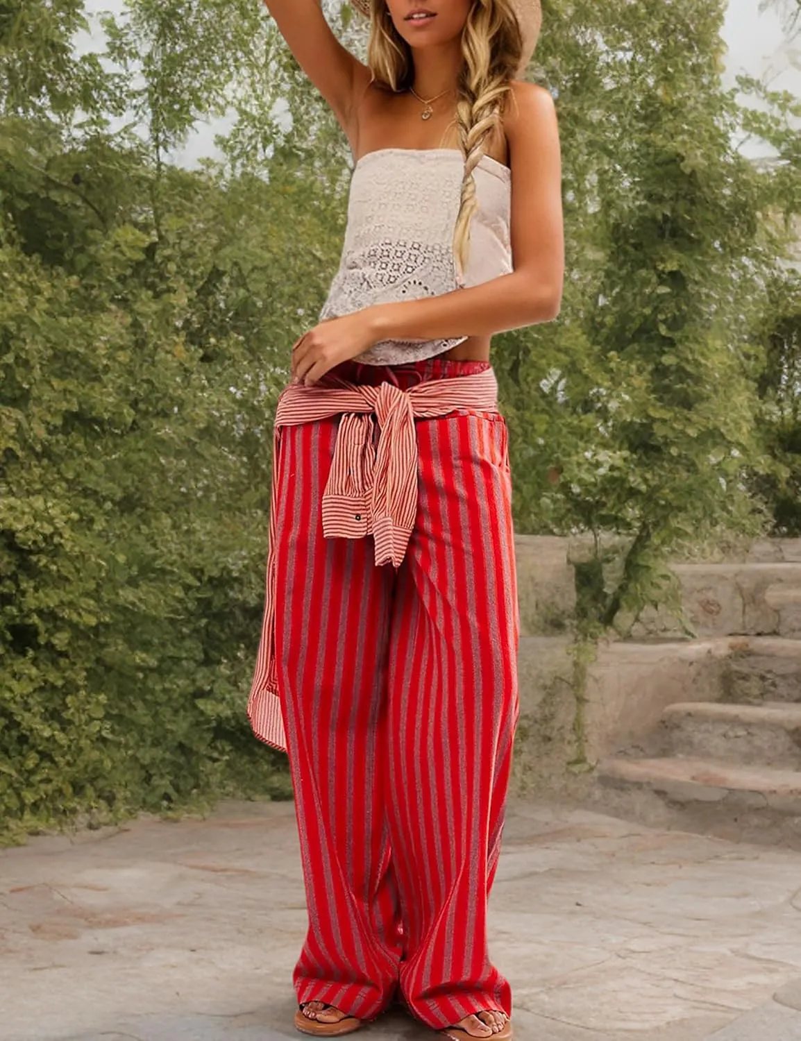 MISSACTIVER Women Drawstring Striped Pants Loose Wide Leg Trousers Casual Low Waist Pants Comfy Lounge Pants with Pockets