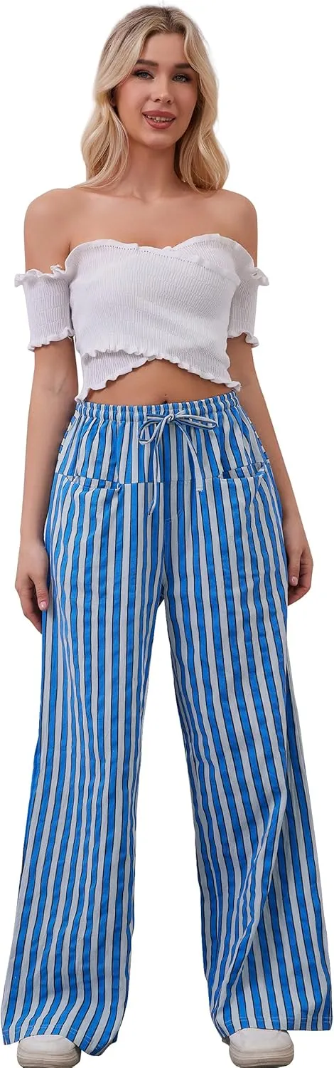 MISSACTIVER Women Drawstring Striped Pants Loose Wide Leg Trousers Casual Low Waist Pants Comfy Lounge Pants with Pockets