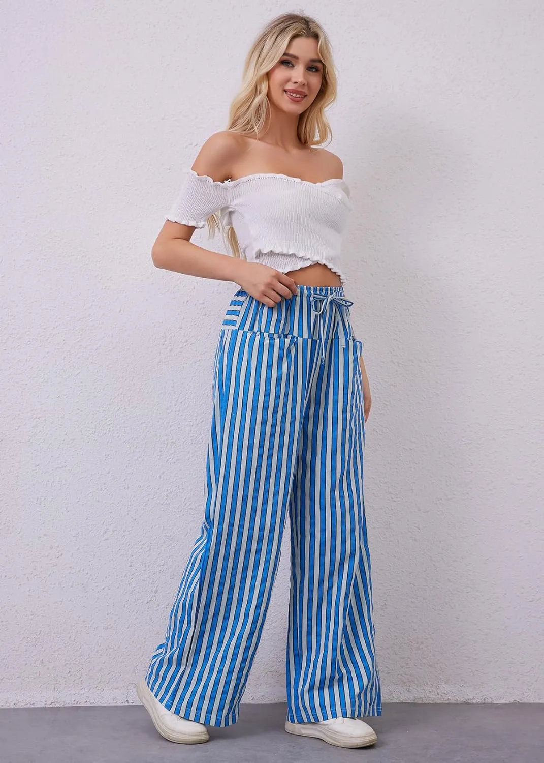 MISSACTIVER Women Drawstring Striped Pants Loose Wide Leg Trousers Casual Low Waist Pants Comfy Lounge Pants with Pockets