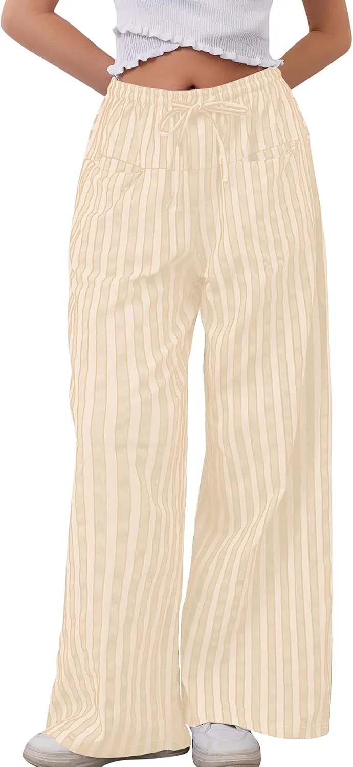 MISSACTIVER Women Drawstring Striped Pants Loose Wide Leg Trousers Casual Low Waist Pants Comfy Lounge Pants with Pockets