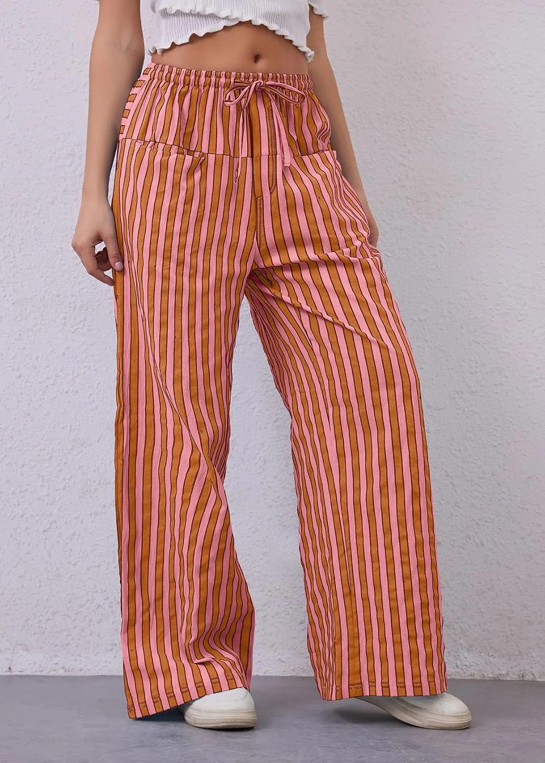 MISSACTIVER Women Drawstring Striped Pants Loose Wide Leg Trousers Casual Low Waist Pants Comfy Lounge Pants with Pockets