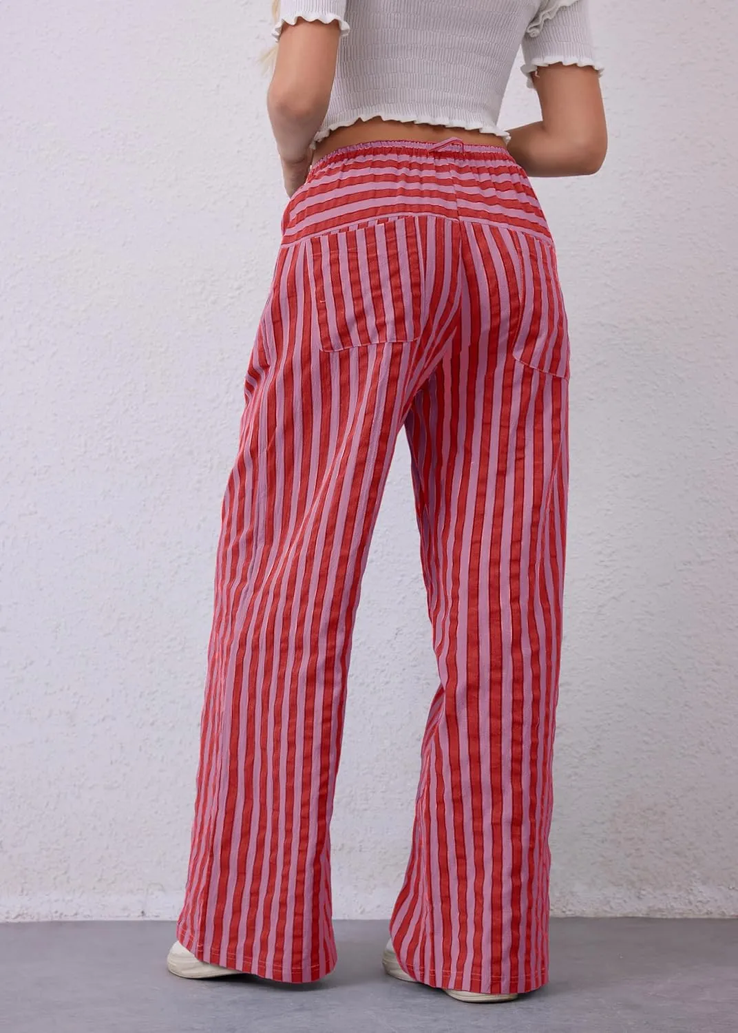 MISSACTIVER Women Drawstring Striped Pants Loose Wide Leg Trousers Casual Low Waist Pants Comfy Lounge Pants with Pockets