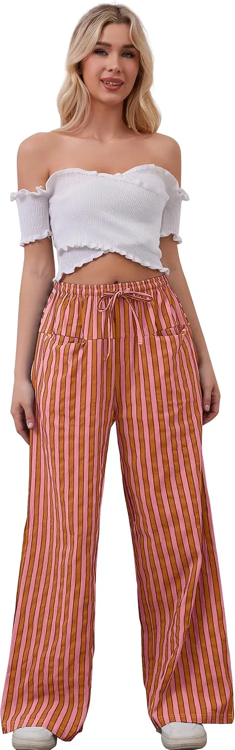 MISSACTIVER Women Drawstring Striped Pants Loose Wide Leg Trousers Casual Low Waist Pants Comfy Lounge Pants with Pockets