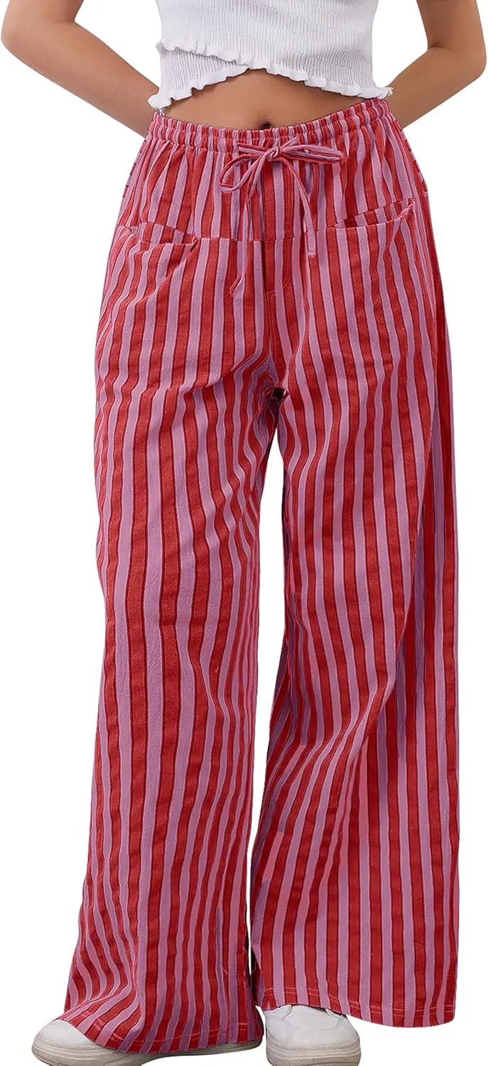 MISSACTIVER Women Drawstring Striped Pants Loose Wide Leg Trousers Casual Low Waist Pants Comfy Lounge Pants with Pockets