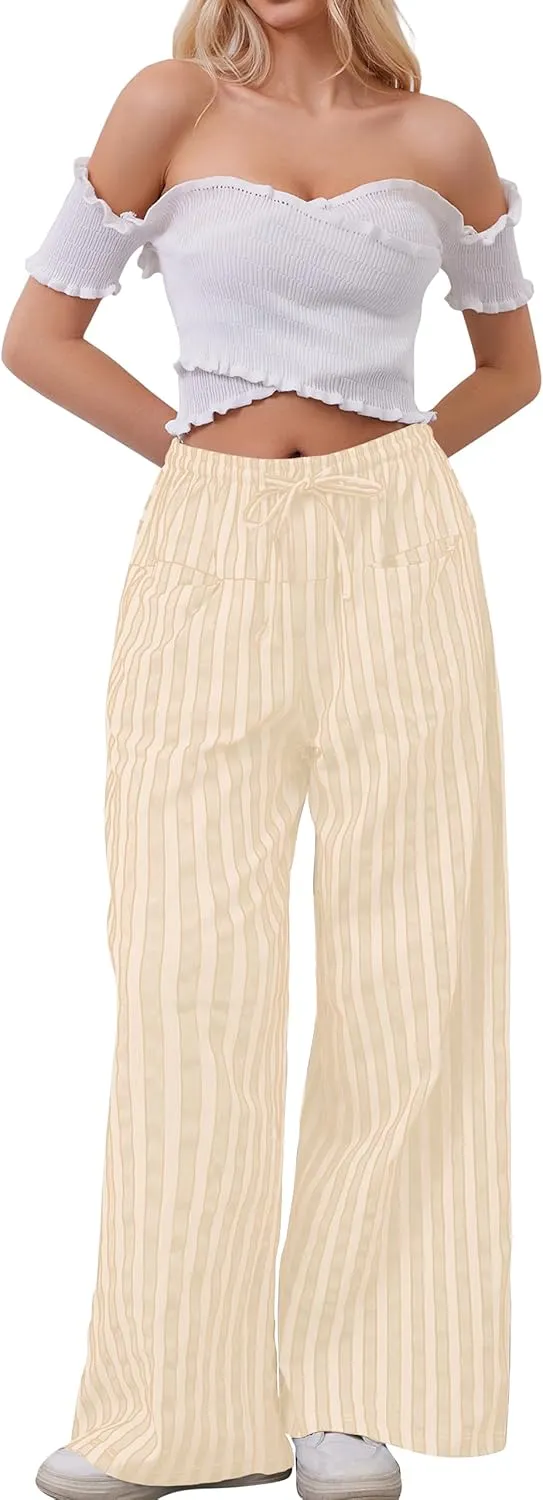 MISSACTIVER Women Drawstring Striped Pants Loose Wide Leg Trousers Casual Low Waist Pants Comfy Lounge Pants with Pockets