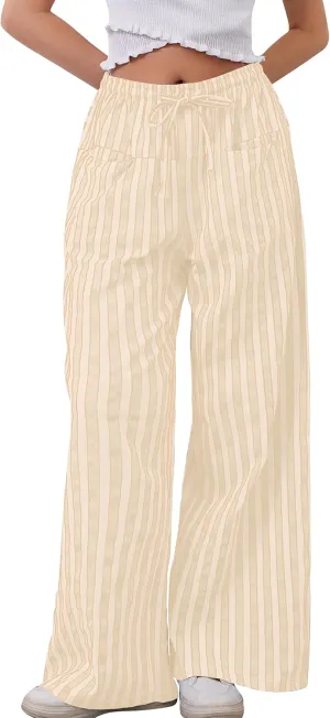 MISSACTIVER Women Drawstring Striped Pants Loose Wide Leg Trousers Casual Low Waist Pants Comfy Lounge Pants with Pockets
