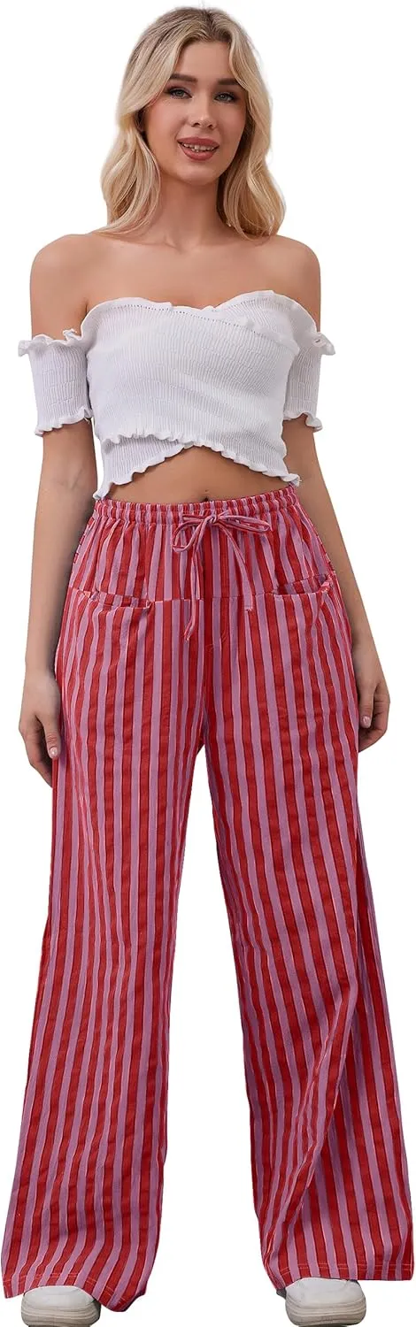 MISSACTIVER Women Drawstring Striped Pants Loose Wide Leg Trousers Casual Low Waist Pants Comfy Lounge Pants with Pockets