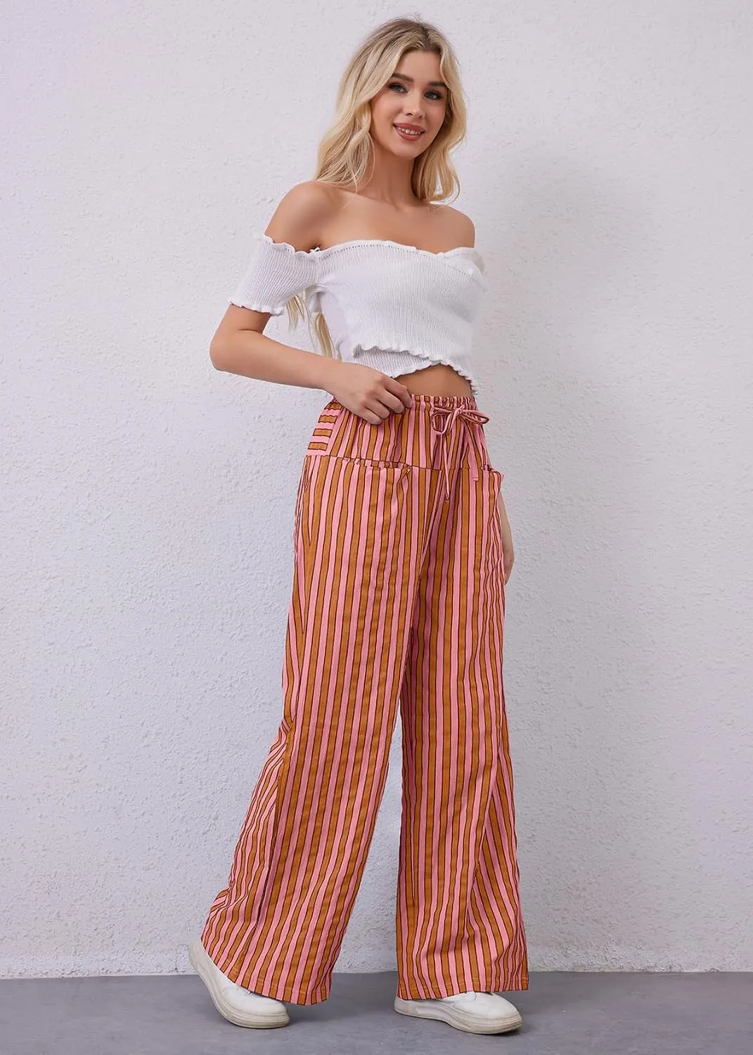 MISSACTIVER Women Drawstring Striped Pants Loose Wide Leg Trousers Casual Low Waist Pants Comfy Lounge Pants with Pockets