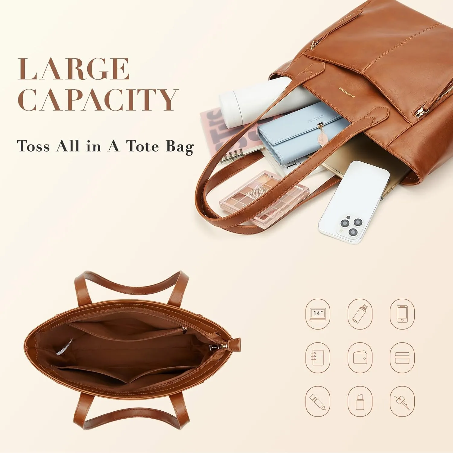 Missnine Tote Bag for Women with Zipper, Leather Purse and Handbags, Ladies Top-handle Shoulder Bags for Work, Casual, Travel