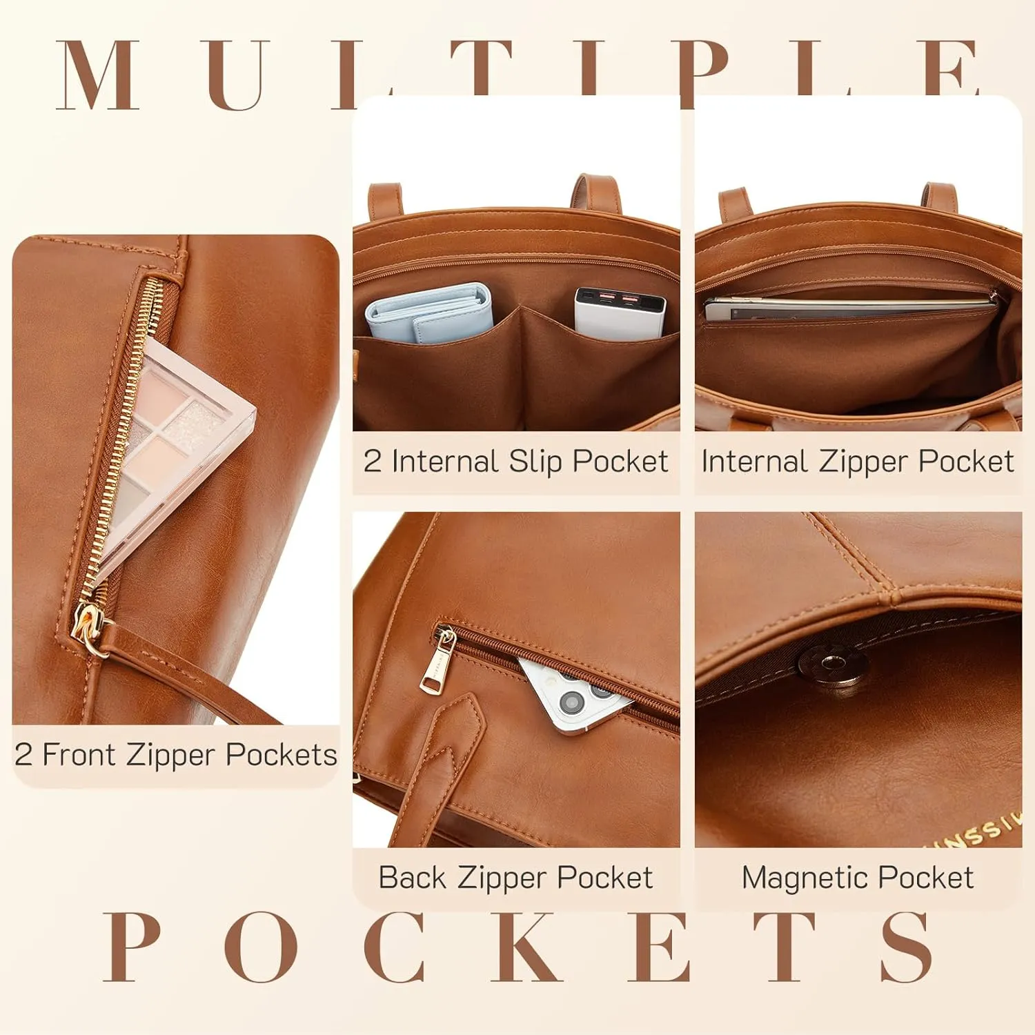 Missnine Tote Bag for Women with Zipper, Leather Purse and Handbags, Ladies Top-handle Shoulder Bags for Work, Casual, Travel