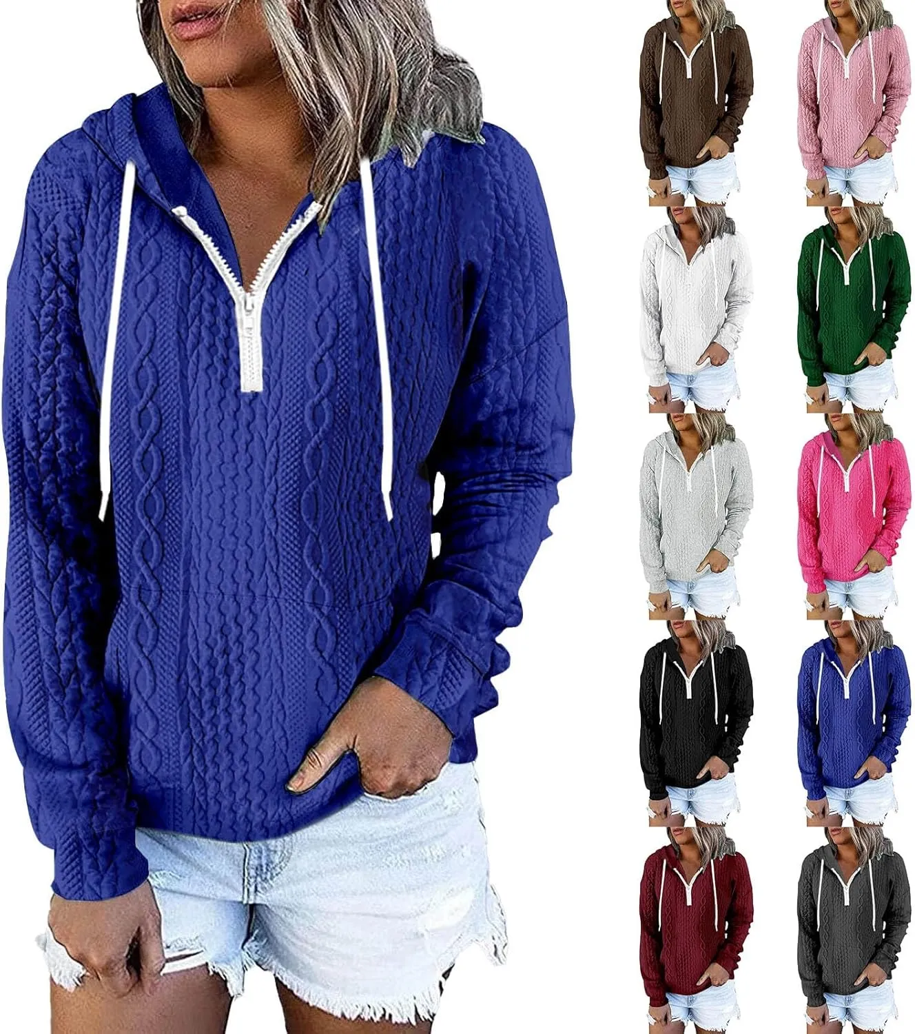 Miyaomn Casual Waffle Twist Ribbed Hoodies for Women Solid Drawstring 1/4 Zip Long Sleeve Pullover Tops Loose Fit Sweatshirts