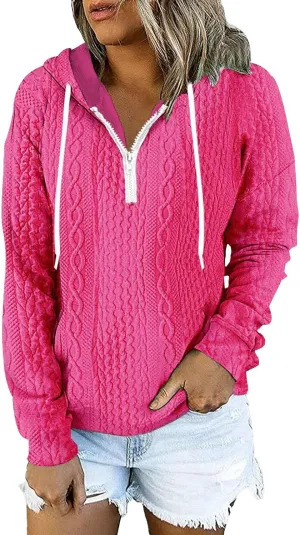 Miyaomn Casual Waffle Twist Ribbed Hoodies for Women Solid Drawstring 1/4 Zip Long Sleeve Pullover Tops Loose Fit Sweatshirts