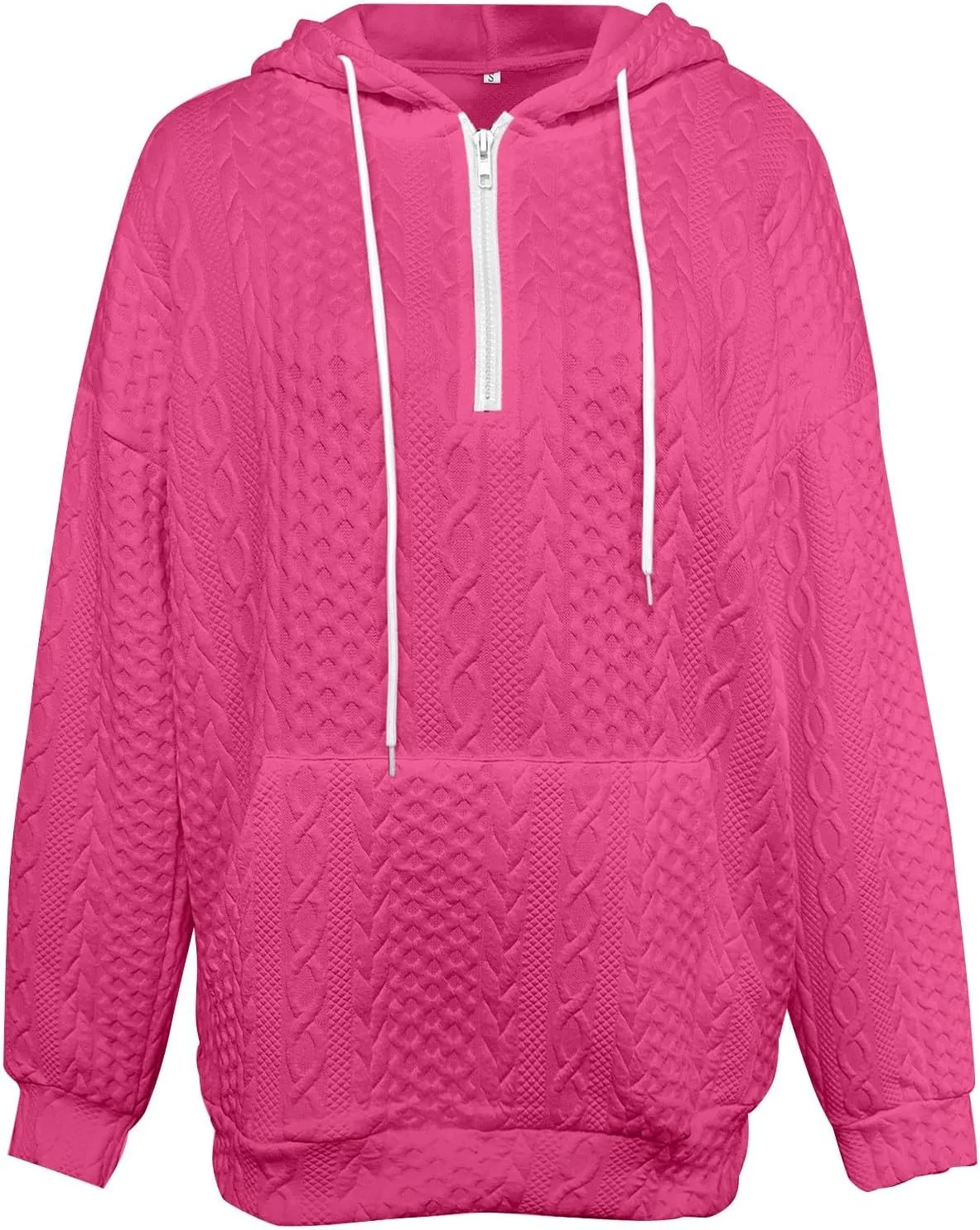 Miyaomn Casual Waffle Twist Ribbed Hoodies for Women Solid Drawstring 1/4 Zip Long Sleeve Pullover Tops Loose Fit Sweatshirts