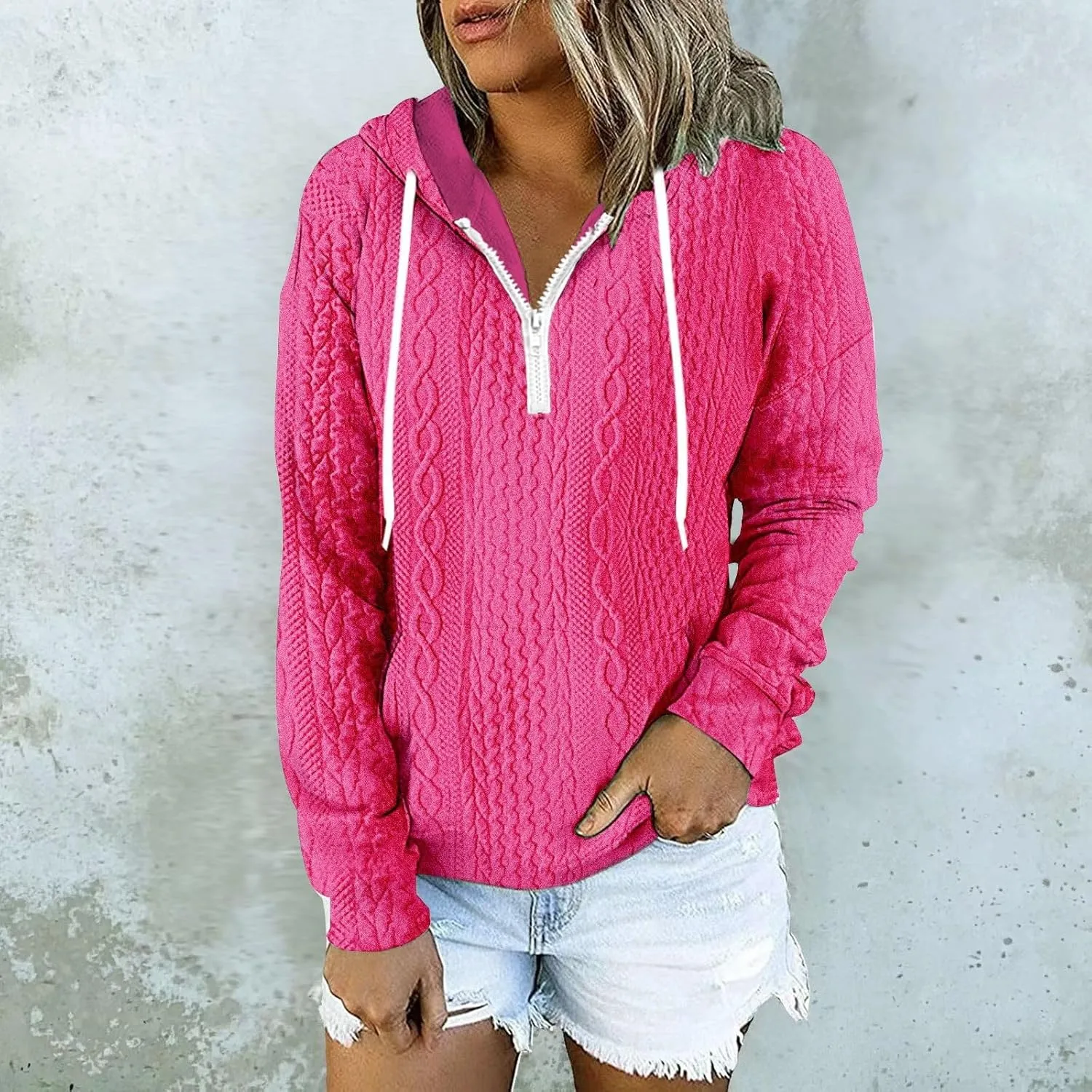 Miyaomn Casual Waffle Twist Ribbed Hoodies for Women Solid Drawstring 1/4 Zip Long Sleeve Pullover Tops Loose Fit Sweatshirts
