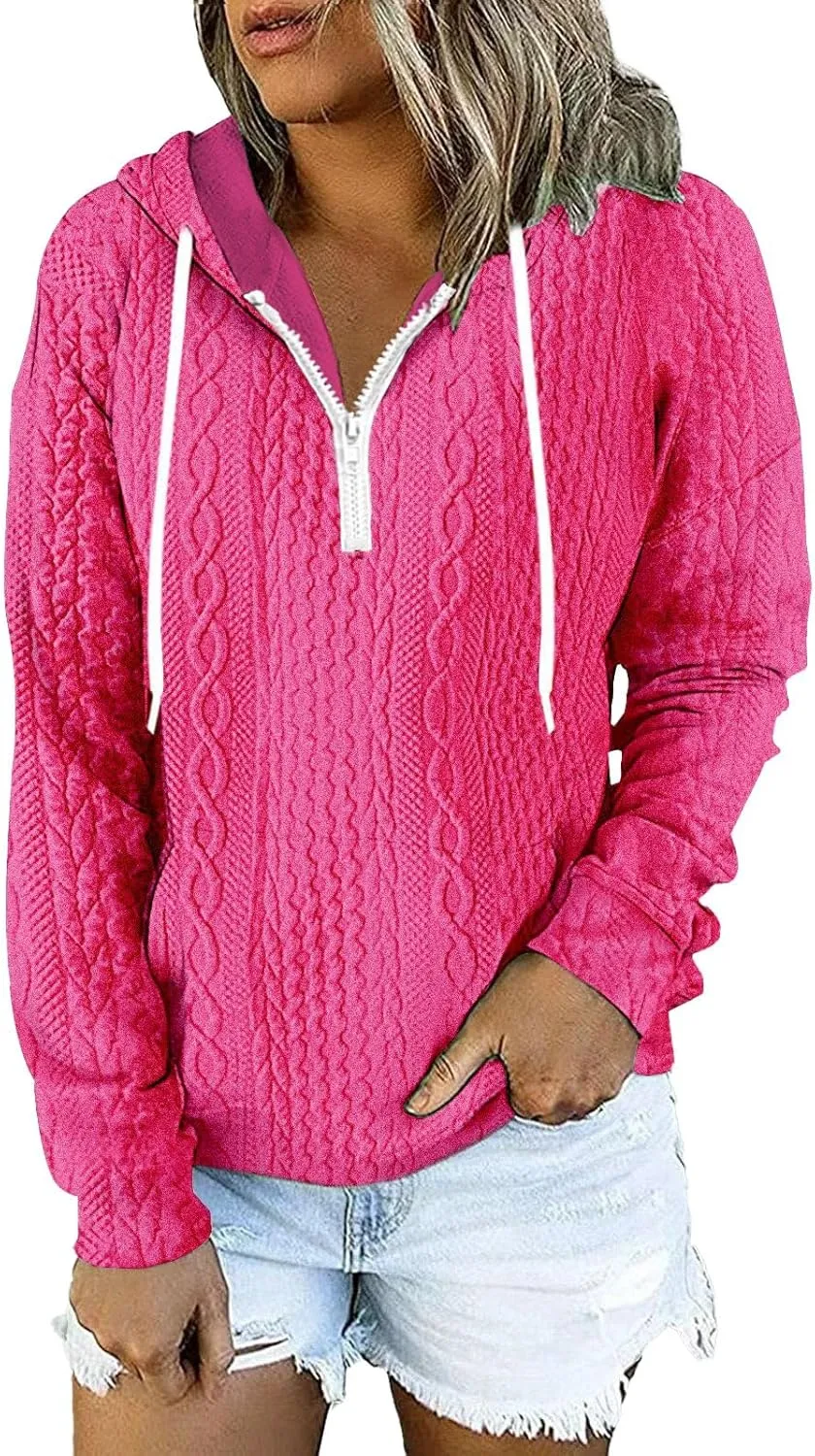 Miyaomn Casual Waffle Twist Ribbed Hoodies for Women Solid Drawstring 1/4 Zip Long Sleeve Pullover Tops Loose Fit Sweatshirts