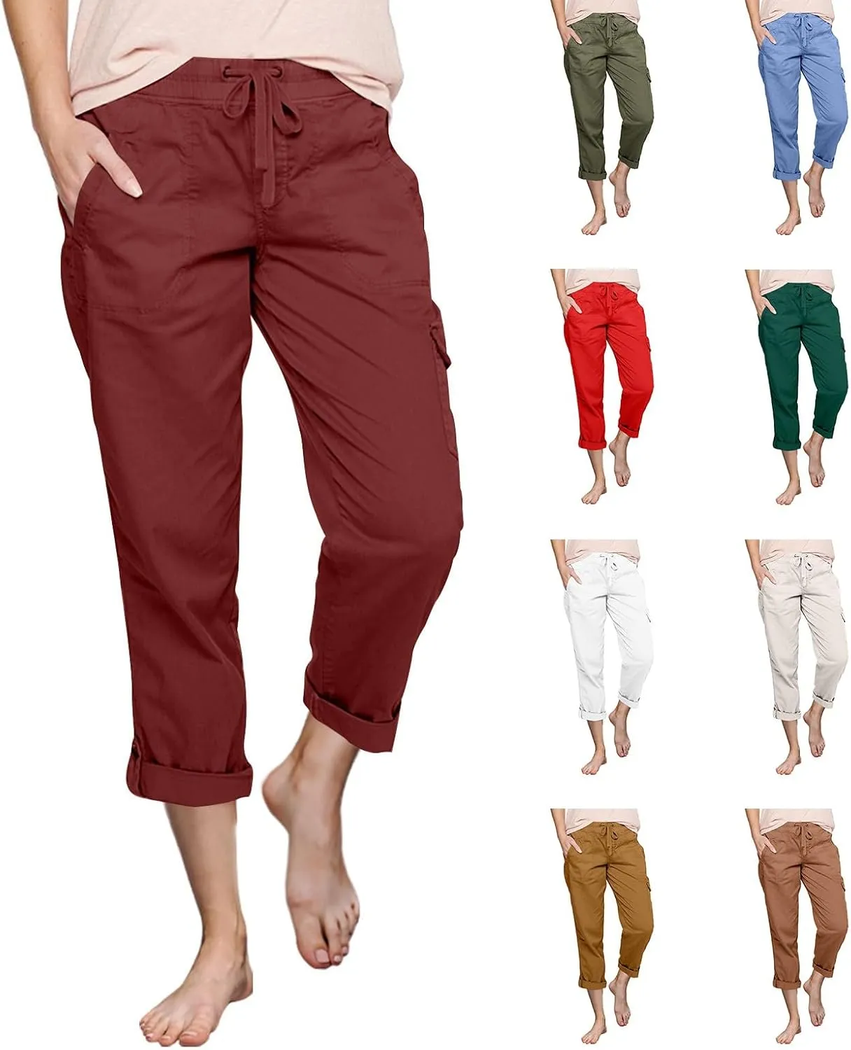 Miyaomn Women's Casual Solid Loose Cargo Pants Lightweight Drawstring Waisted Roll-Up Joggers Slacks Pockets Lounge Trousers