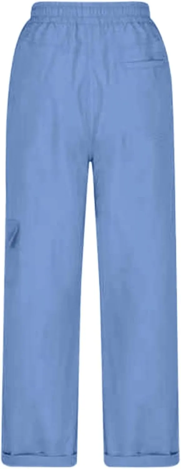Miyaomn Women's Casual Solid Loose Cargo Pants Lightweight Drawstring Waisted Roll-Up Joggers Slacks Pockets Lounge Trousers