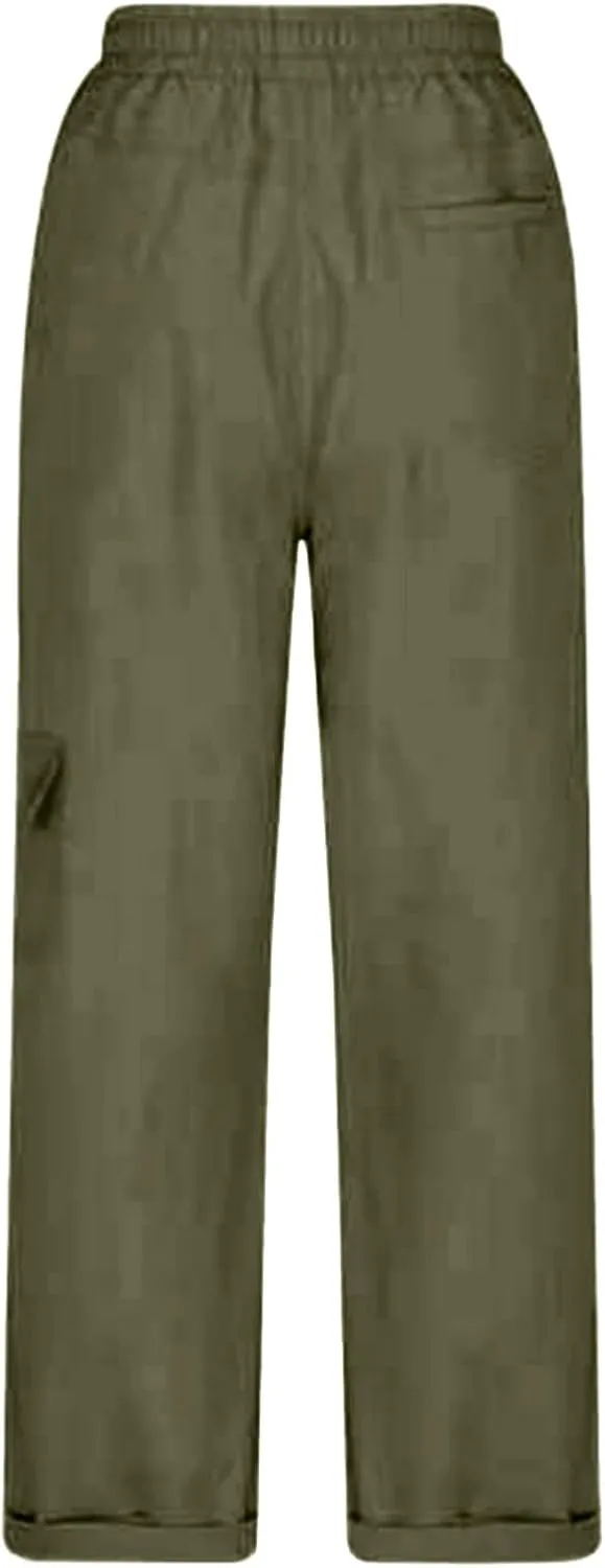 Miyaomn Women's Casual Solid Loose Cargo Pants Lightweight Drawstring Waisted Roll-Up Joggers Slacks Pockets Lounge Trousers