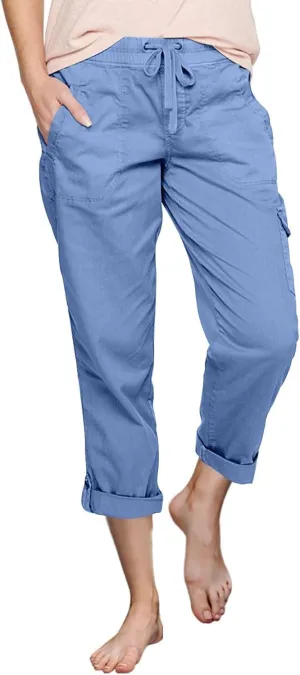 Miyaomn Women's Casual Solid Loose Cargo Pants Lightweight Drawstring Waisted Roll-Up Joggers Slacks Pockets Lounge Trousers