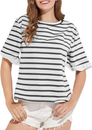 Miyaomn Women's Casual Striped Tops Trendy Ruffled Short Sleeve Crewneck Loose T Shirts 2025 Fashion Y2k Tees Summer Outfits