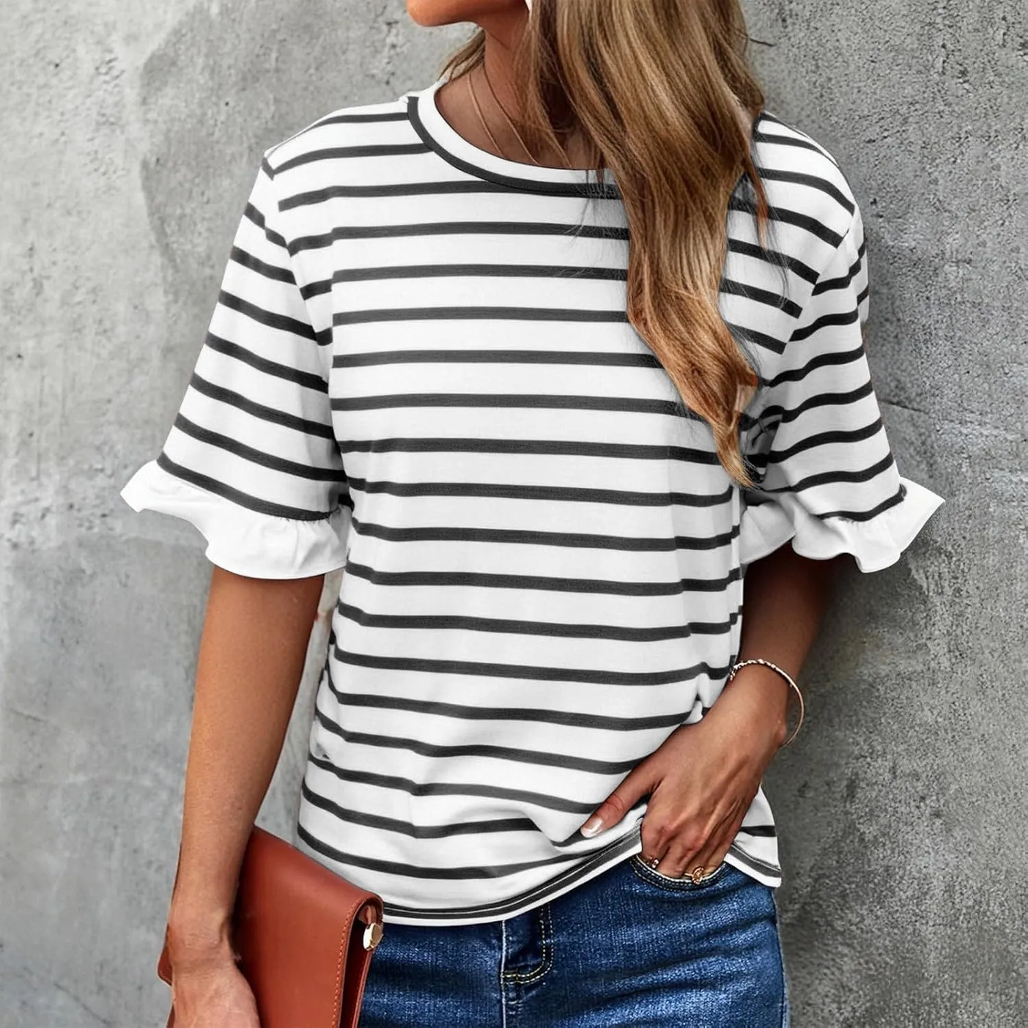 Miyaomn Women's Casual Striped Tops Trendy Ruffled Short Sleeve Crewneck Loose T Shirts 2025 Fashion Y2k Tees Summer Outfits