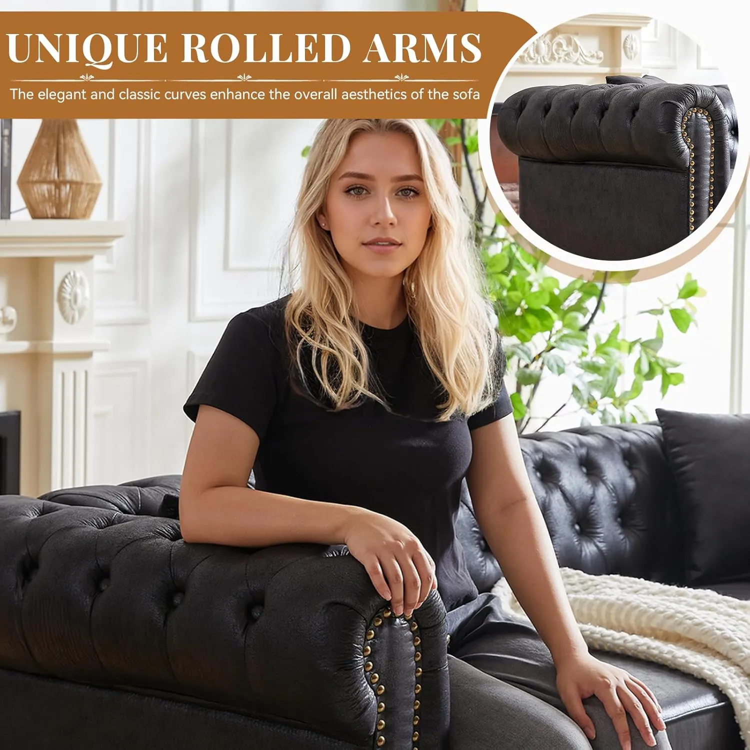 Modern Chesterfield Sofa Couch, 63.5-inch Faux Leather Loveseat Sofa with Rolled Arms and Tufted Button for Living Room, Office, Black