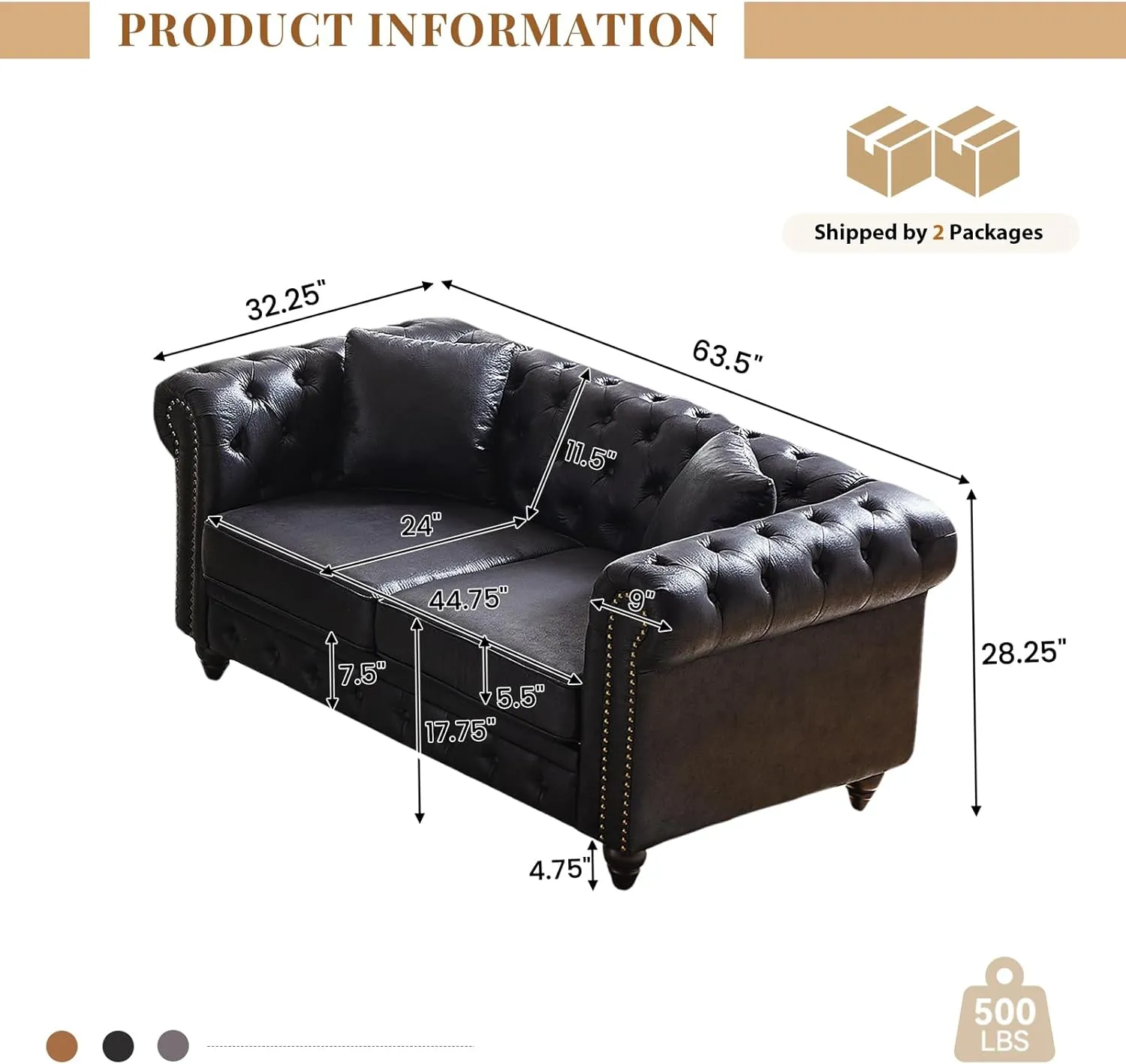 Modern Chesterfield Sofa Couch, 63.5-inch Faux Leather Loveseat Sofa with Rolled Arms and Tufted Button for Living Room, Office, Black
