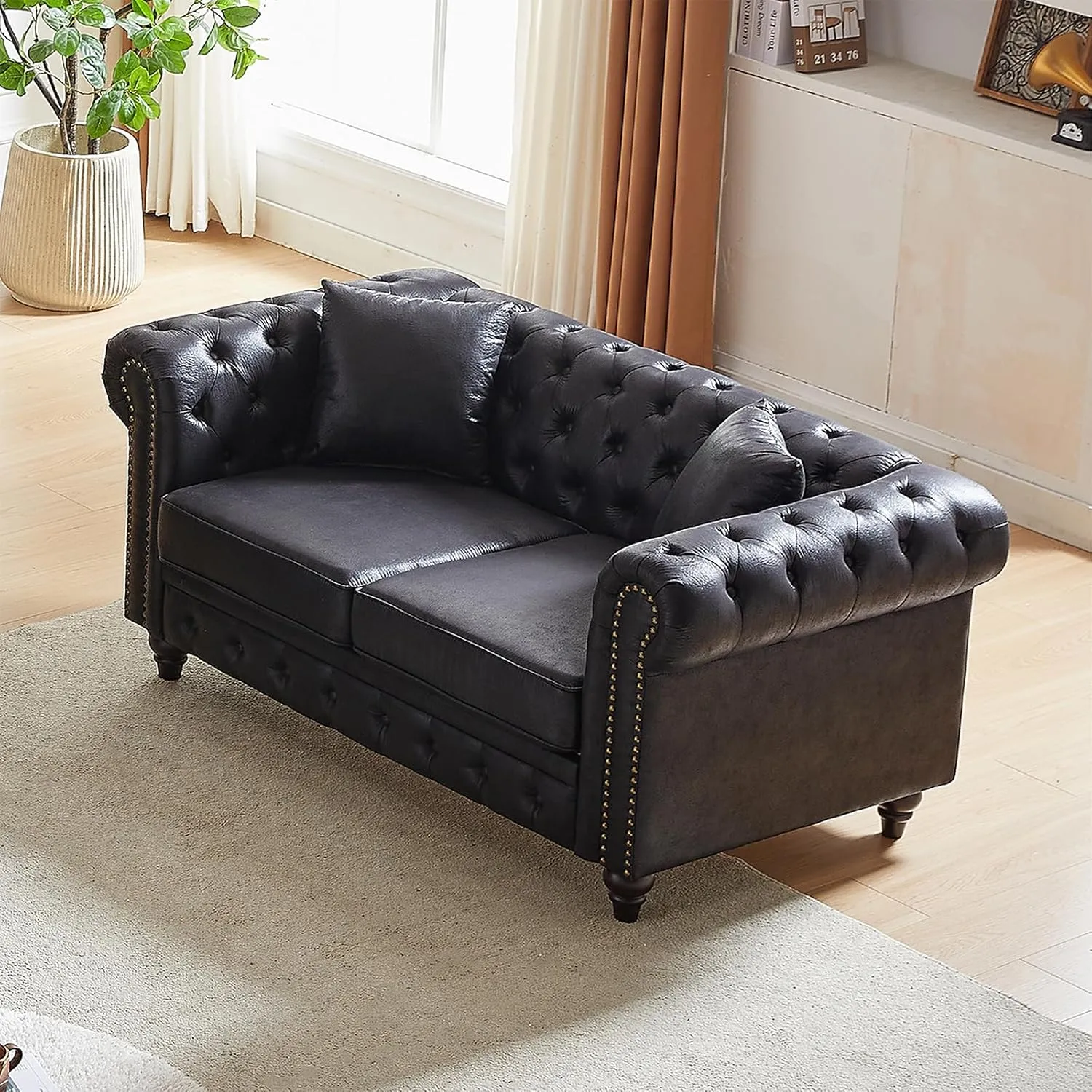 Modern Chesterfield Sofa Couch, 63.5-inch Faux Leather Loveseat Sofa with Rolled Arms and Tufted Button for Living Room, Office, Black