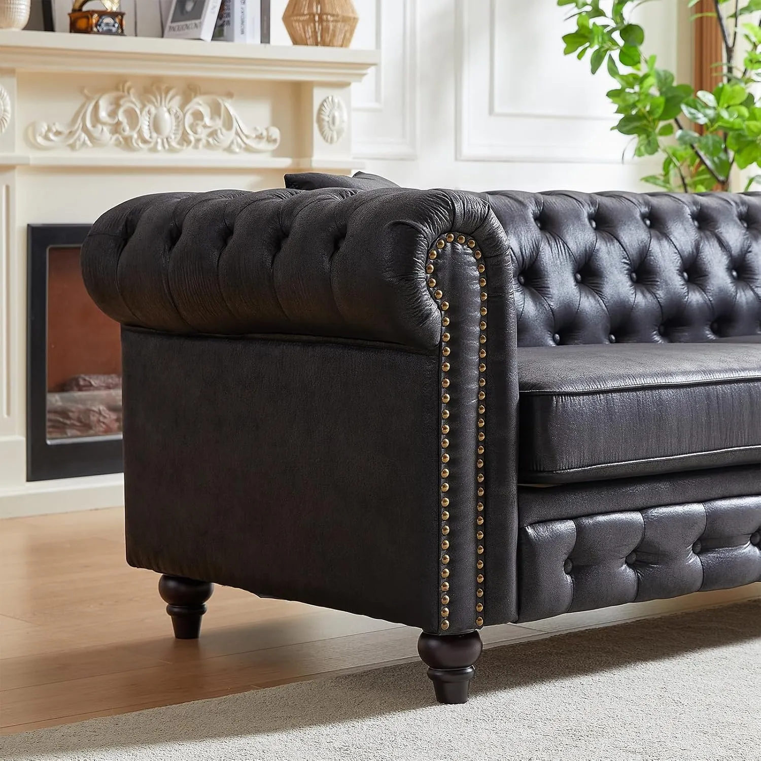 Modern Chesterfield Sofa Couch, 63.5-inch Faux Leather Loveseat Sofa with Rolled Arms and Tufted Button for Living Room, Office, Black