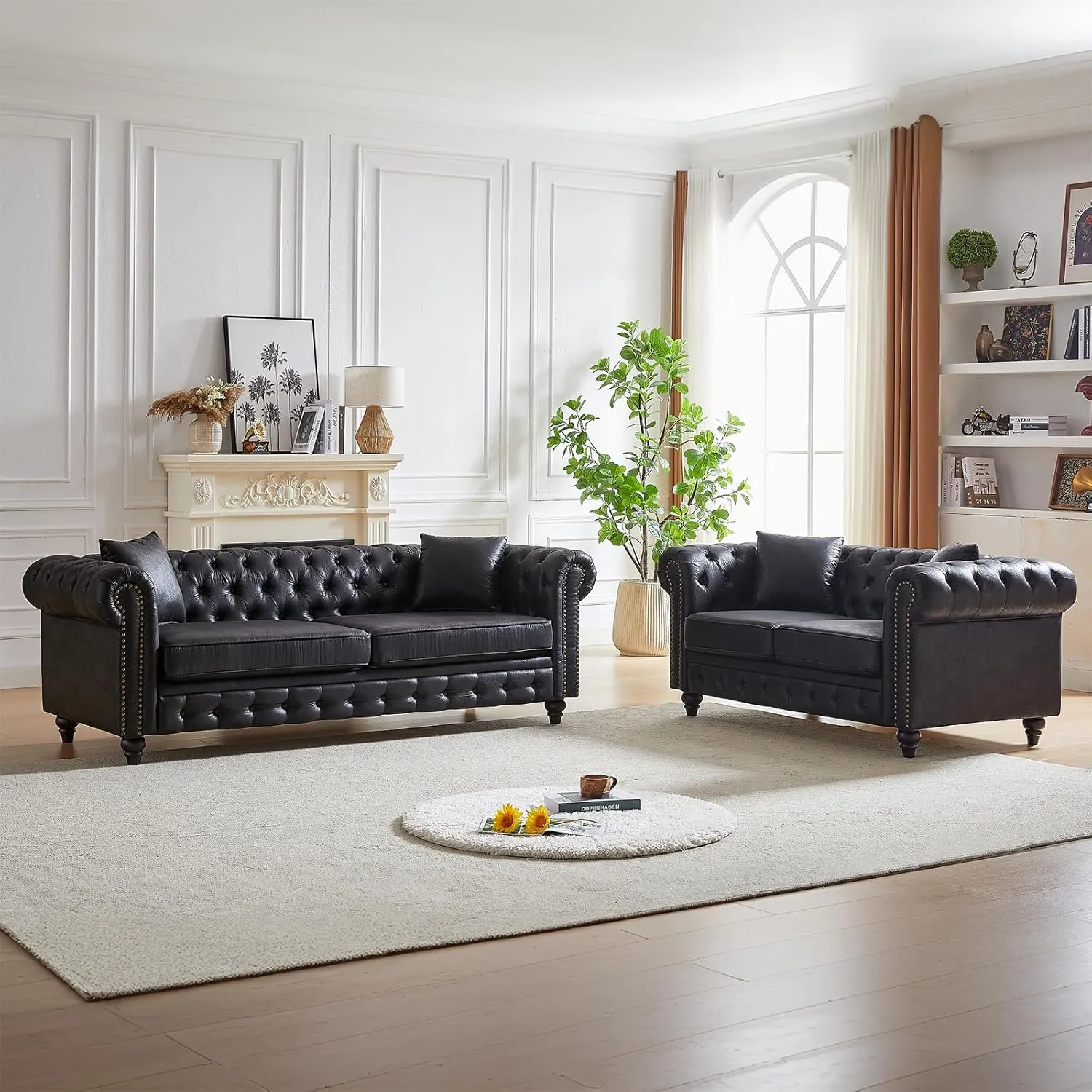 Modern Chesterfield Sofa Couch, 63.5-inch Faux Leather Loveseat Sofa with Rolled Arms and Tufted Button for Living Room, Office, Black