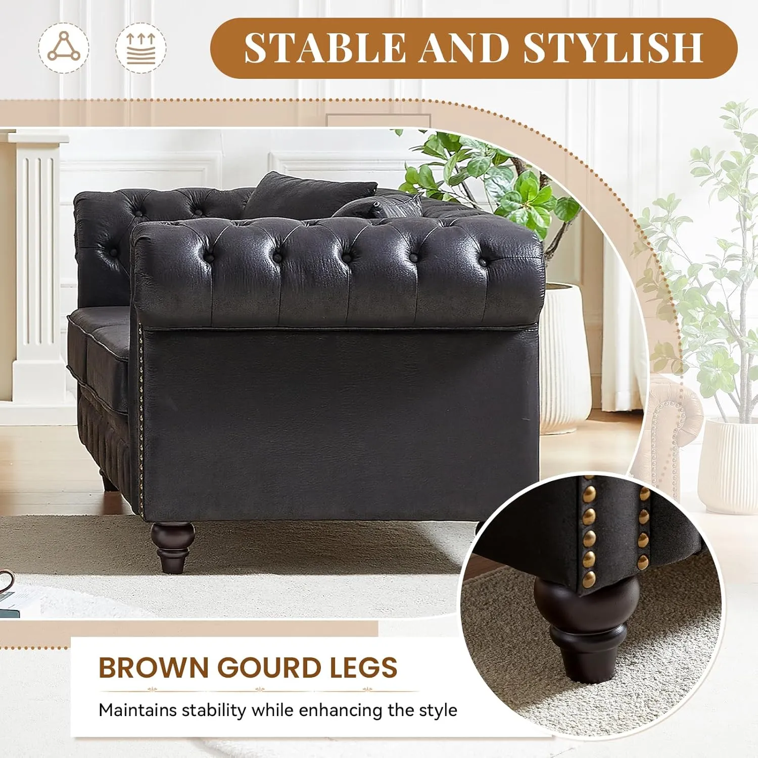 Modern Chesterfield Sofa Couch, 63.5-inch Faux Leather Loveseat Sofa with Rolled Arms and Tufted Button for Living Room, Office, Black